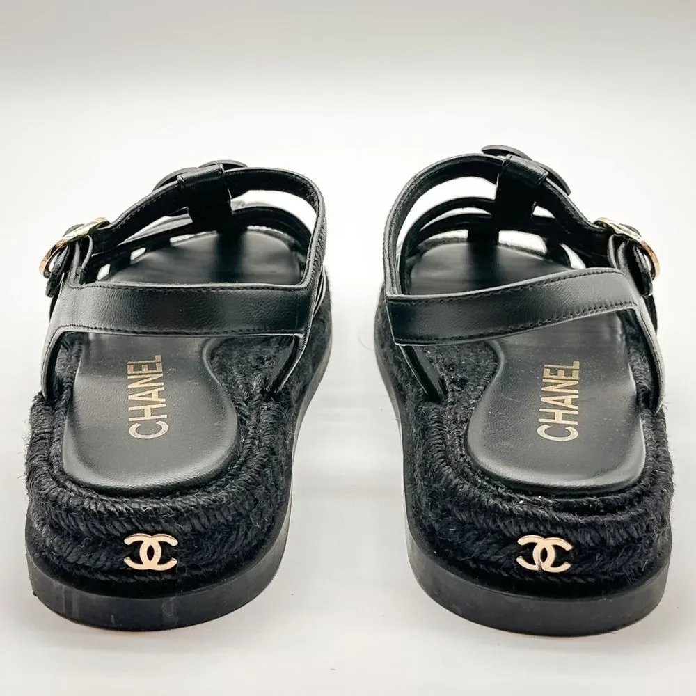 CHANEL 2024 CC Logo Black Leather Fisherman Rope Sole Dad Sandals Flats EU 37